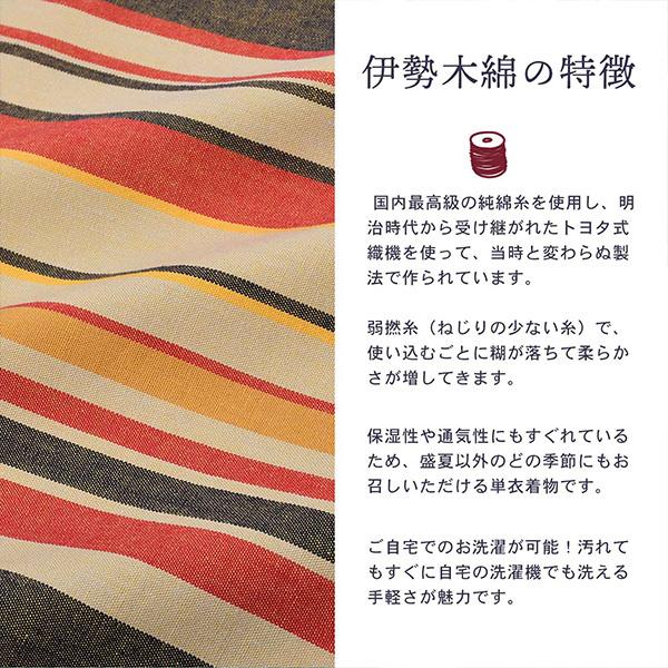伊勢木綿 洗える着物 単品 「やたら縞 亜麻色地、朱×茶（地層）」 お