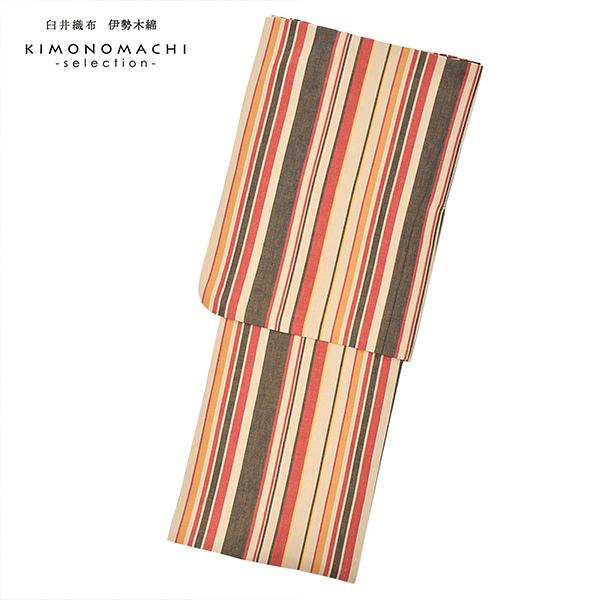 伊勢木綿 洗える着物 単品 「やたら縞 亜麻色地、朱×茶（地層）」 お