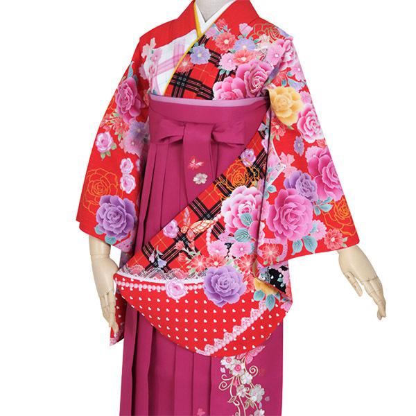 中古品)ジュニア用 振袖単品 「赤 チェックにバラとレース」 仕立て