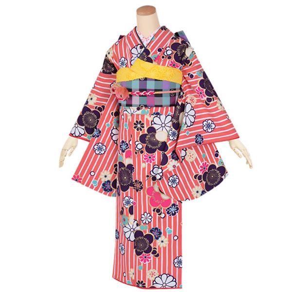 中古品)ジュニア用 振袖単品 「ピンク 縞に梅文様」 九重 ここのえ