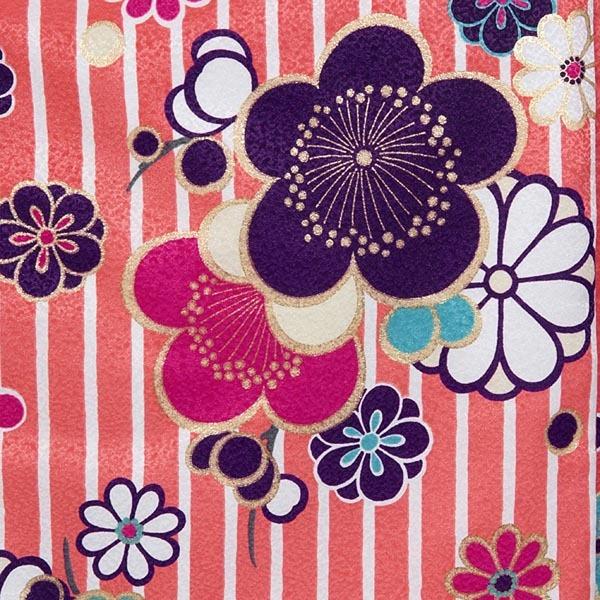 中古品)ジュニア用 振袖単品 「ピンク 縞に梅文様」 九重 ここのえ