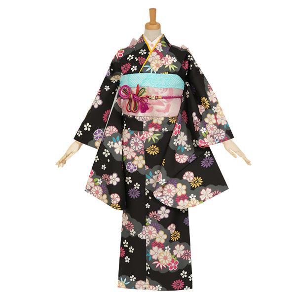 【中古品】ジュニア用 振袖単品 「黒 雲取菊に小桜」 仕立て上がり 着物 小振袖 二尺袖 子ども 子供 キッズ ジュニア 女の子 卒業式 小学校 小学生 中学校 中学生 十三参り 十三詣り 1/2成人式 ハーフ成人式 貸衣装処分 レンタル処分品【メール便不可】