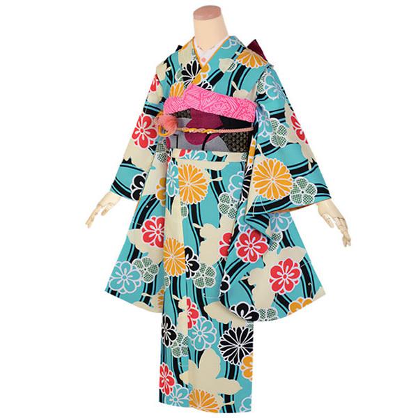 中古品)ジュニア用 振袖単品 「水色 立涌に蝶」 仕立て上がり 襦袢 