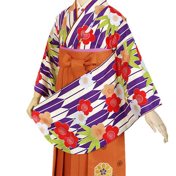 中古品)ジュニア用 振袖単品 「クリーム 紫矢羽根に笹梅」 仕立て