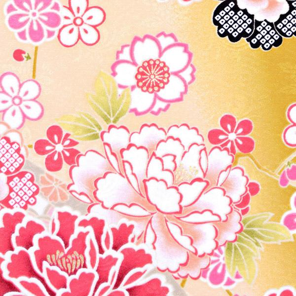 【中古品】ジュニア用 振袖単品 「芥子色　桜と牡丹」 仕立て上がり 着物 小振袖 二尺袖 子ども 子供 キッズ ジュニア 女の子 卒業式 小学校 小学生 中学校 中学生 十三参り 十三詣り 1/2成人式 ハーフ成人式 貸衣装処分 レンタル処分品【メール便不可】