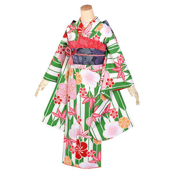 中古品)ジュニア用 振袖単品 「緑 矢羽根にねじり梅と笹竹」 仕立て