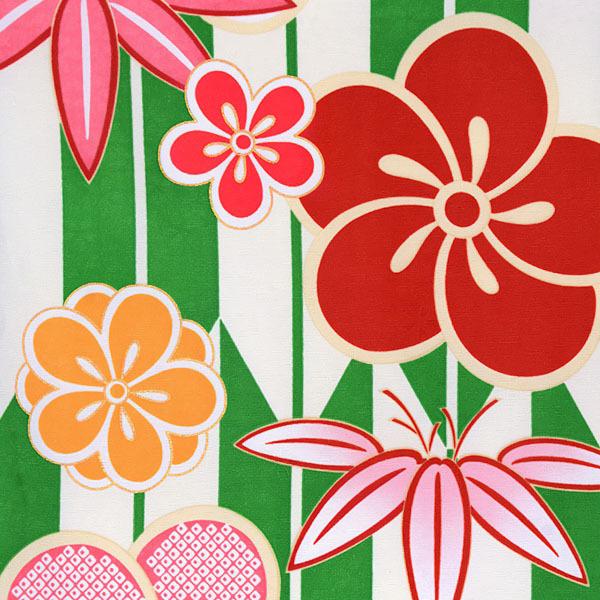 中古品)ジュニア用 振袖単品 「緑 矢羽根にねじり梅と笹竹」 仕立て