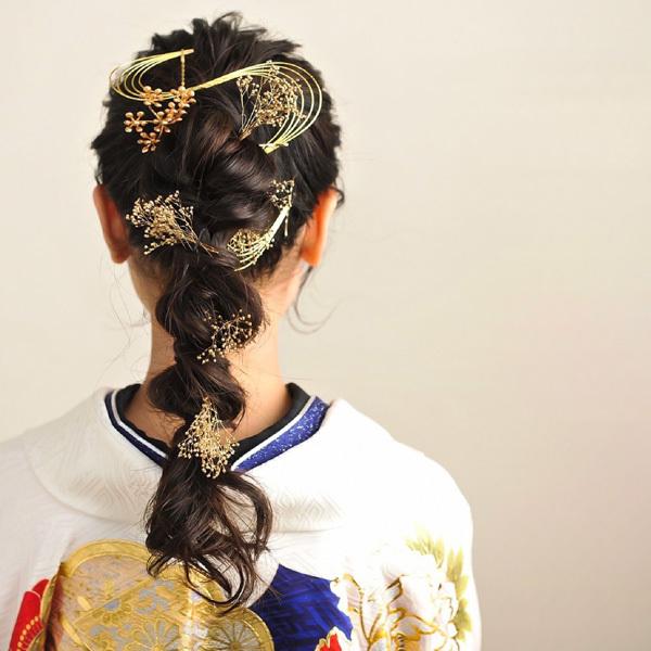 髪飾り 成人式 卒業式 6点セット 「ブロンズ×ゴールド カスミソウと水引」 水引き Uピン 振袖用髪飾り お花髪飾り 結婚式 前撮り 後撮り 着物 【メール便不可】＜H＞ 髪飾り 成人式 卒業式 6点セット「ブロンズxゴールド カスミソウと水引
