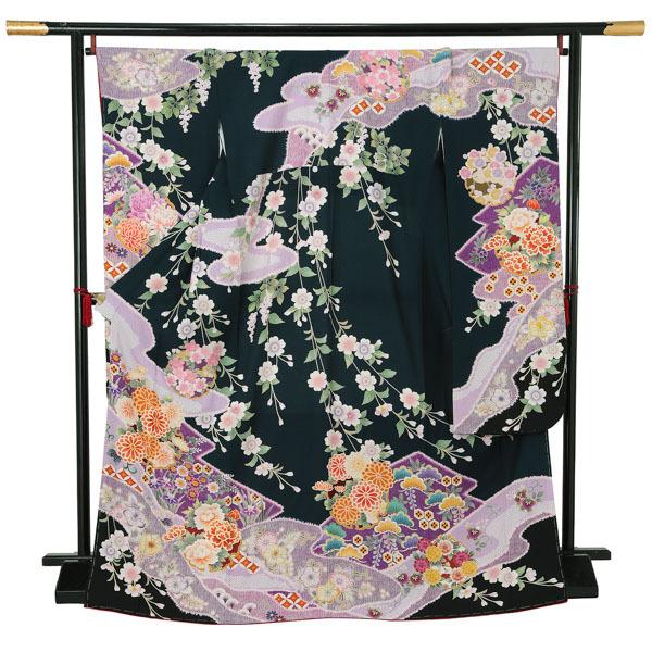 新古品)お仕立て上がり 振袖単品 「藍鉄色地 絞りの霞、枝垂桜に辻が花