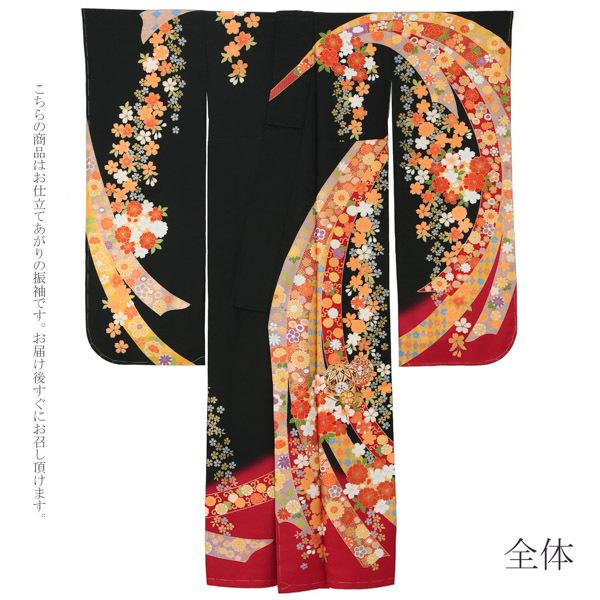 【新古品】お仕立て上がり 振袖単品 「黒×赤 束ね熨斗に桜 手毬」 トールサイズ 振袖 振り袖 成人式 結婚式 結納 パーティー 【メール便不可】ss2512fml10 新古品)お仕立て上がり 振袖単品 「黒×赤 束ね熨斗に桜、手毬」 トール