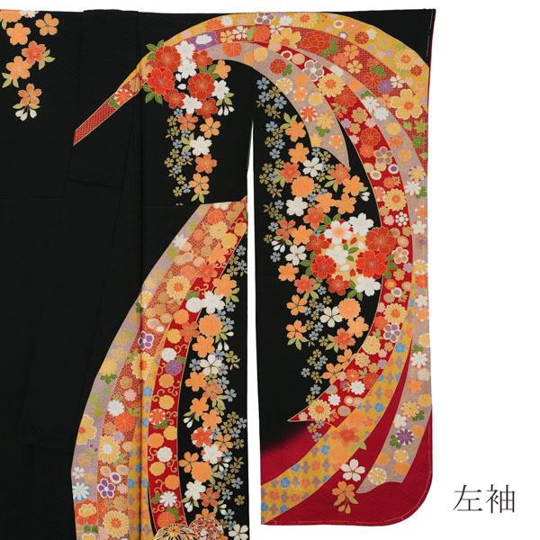 【新古品】お仕立て上がり 振袖単品 「黒×赤 束ね熨斗に桜 手毬」 トールサイズ 振袖 振り袖 成人式 結婚式 結納 パーティー 【メール便不可】ss2512fml10 新古品)お仕立て上がり 振袖単品 「黒×赤 束ね熨斗に桜、手毬」 トール