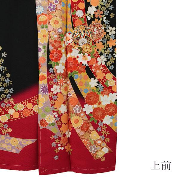 振袖中古お仕立て済みお仕立て上がり束ね熨斗に花々黒色