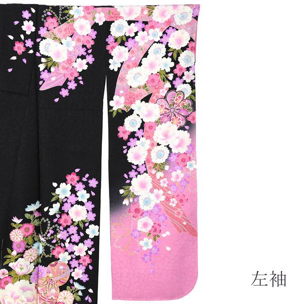 新古品)お仕立て上がり 振袖単品 「黒地 八重桜、牡丹に手毬」 振り袖