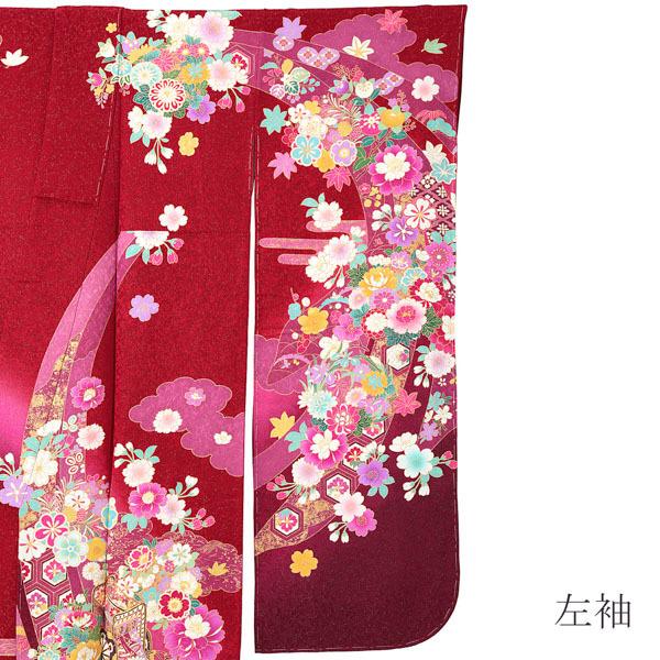 AAお仕立て上がり正絹振袖 朱赤色、グレー、黒地に楓模様 金糸刺繍 
