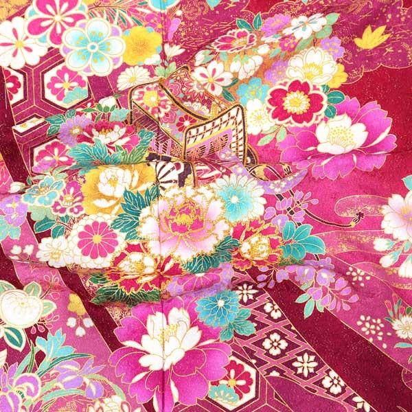 新古品)お仕立て上がり 振袖単品 「赤地 束ね熨斗に草花、エ霞