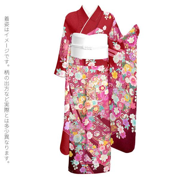 新古品)お仕立て上がり 振袖単品 「赤地 束ね熨斗に草花、エ霞