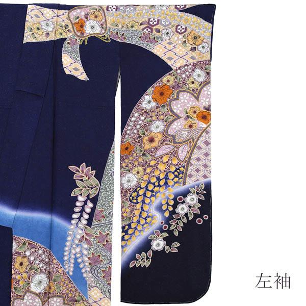 新古品)お仕立て上がり 振袖単品 「紺藍 辻が花、束ね熨斗」 振り袖