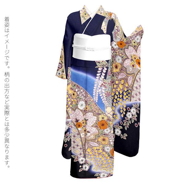 新古品)お仕立て上がり 振袖単品 「紺藍 辻が花、束ね熨斗」 振り袖