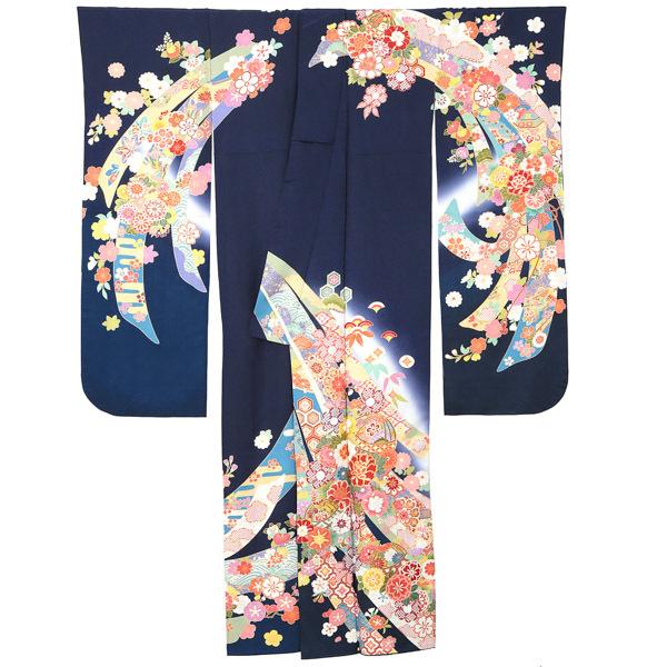 新古品)お仕立て上がり 振袖単品 「紺瑠璃 蔓帯に鈴、牡丹