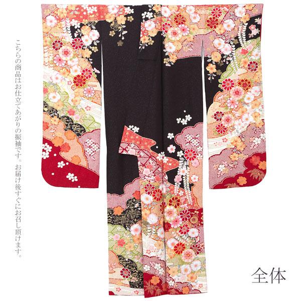 新古品)お仕立て上がり 振袖単品 「黒紫 雲取りに辻が花」 振り袖 着物