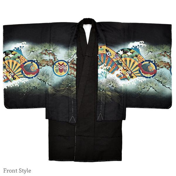 七五三 着物 男の子 5歳 羽織・着物アンサンブル 「黒 兜に片輪車」 5