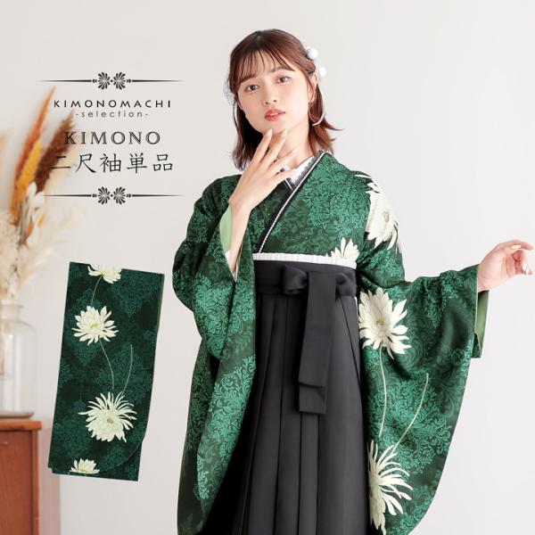 二尺袖着物 単品 半身変わり「クロムグリーン アラベスク、月花」F