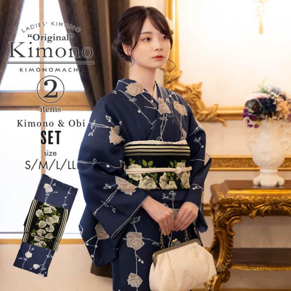 KIMONOMACHI 洗える着物 セット「袷着物：ばら 墨紺色＋京袋帯：黒