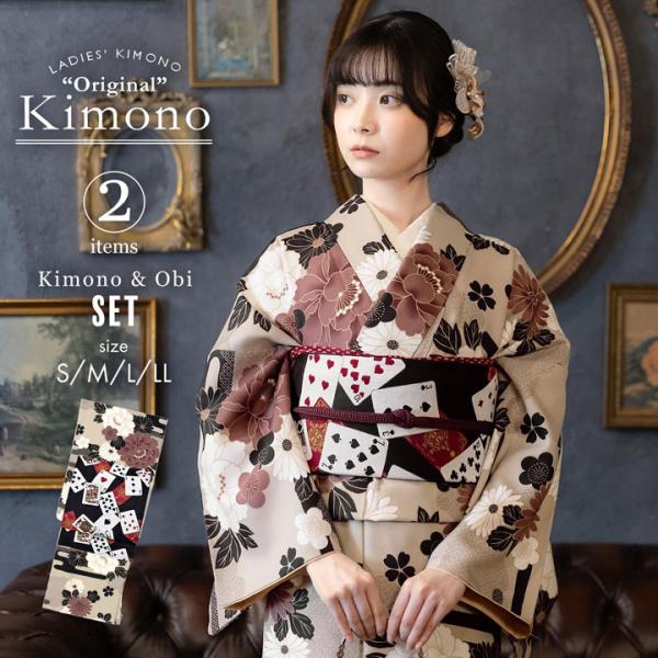 KIMONOMACHI 洗える着物 セット「袷着物：雲に牡丹、花紋 利休白茶色＋