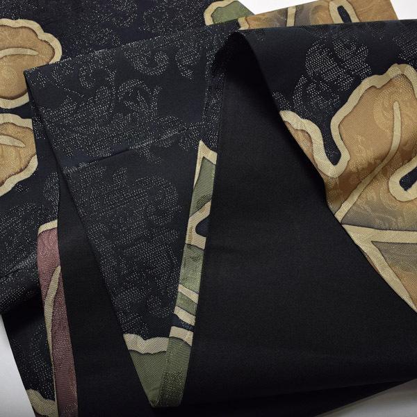 【中古品】仕立て上がり 袋帯 「黒地に柏葉とアラベスク調」 染帯 染め帯 洒落帯 【メール便不可】