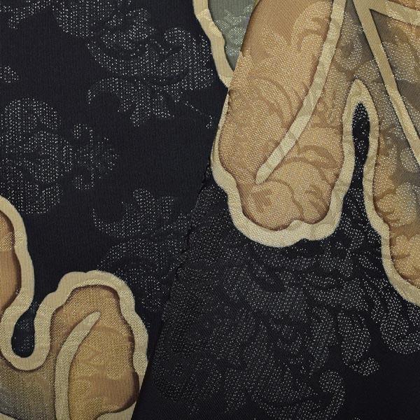 【中古品】仕立て上がり 袋帯 「黒地に柏葉とアラベスク調」 染帯 染め帯 洒落帯 【メール便不可】