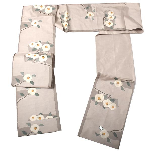 【中古品】仕立て上がり 袋帯 「薄グレーに白椿」 洒落帯 【メール便不可】