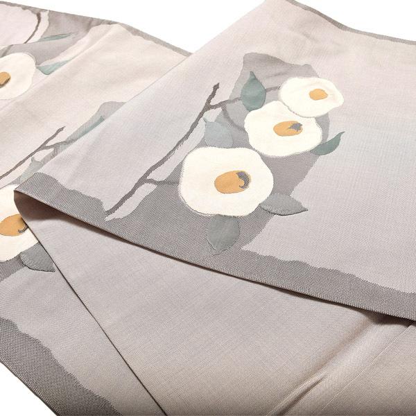 【中古品】仕立て上がり 袋帯 「薄グレーに白椿」 洒落帯 【メール便不可】