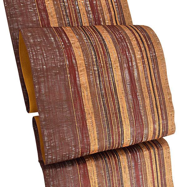 【新古品】「すくい織　縦縞　海老茶　マルーン　柑子色　栗色」仕立て上がり 袋帯 全通柄 正絹【メール便不可】