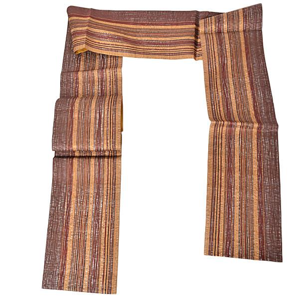 【新古品】「すくい織　縦縞　海老茶　マルーン　柑子色　栗色」仕立て上がり 袋帯 全通柄 正絹【メール便不可】