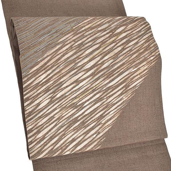 【新古品】「黄枯茶　モダン　閃光　斜め文様」仕立て上がり 袋帯 お太鼓柄 正絹【メール便不可】