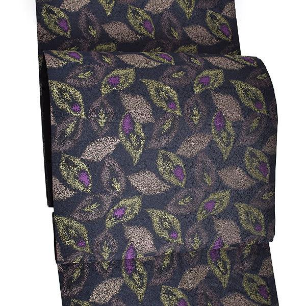 【新古品】「鉄紺地　唐草地模様　牡丹鼠 黄緑 紫の葉散らし」仕立て上がり 袋帯 全通柄 正絹【メール便不可】