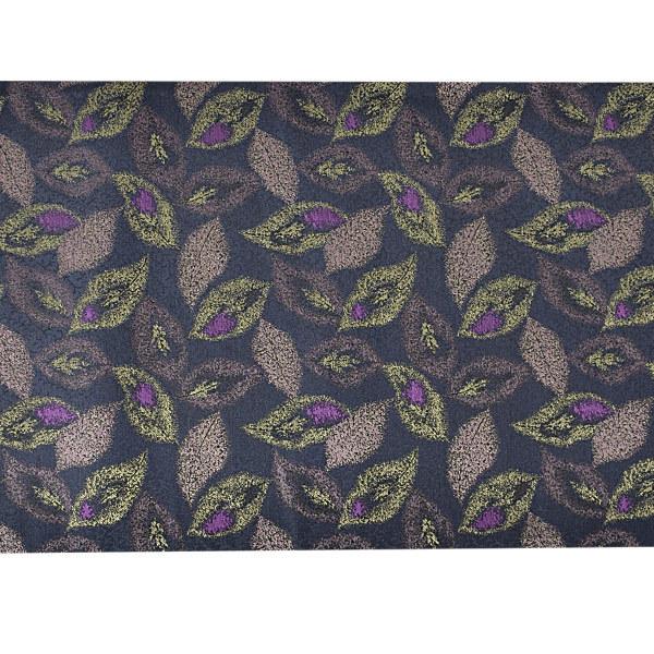 【新古品】「鉄紺地　唐草地模様　牡丹鼠 黄緑 紫の葉散らし」仕立て上がり 袋帯 全通柄 正絹【メール便不可】