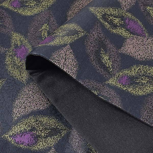 【新古品】「鉄紺地　唐草地模様　牡丹鼠 黄緑 紫の葉散らし」仕立て上がり 袋帯 全通柄 正絹【メール便不可】