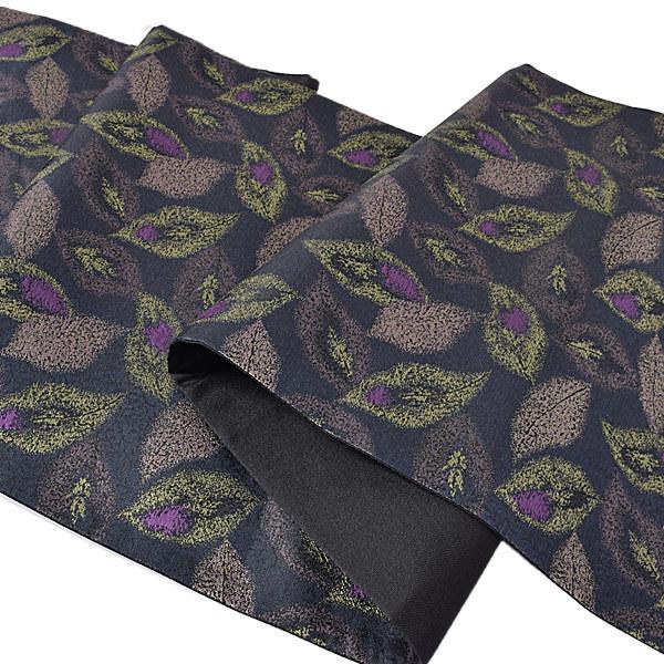 【新古品】「鉄紺地　唐草地模様　牡丹鼠 黄緑 紫の葉散らし」仕立て上がり 袋帯 全通柄 正絹【メール便不可】