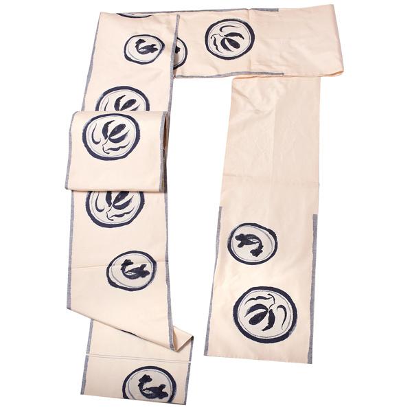 中古品)仕立て上がり 袋帯 「白地に黒紺 抽象画の丸紋」 西陣織 日本製