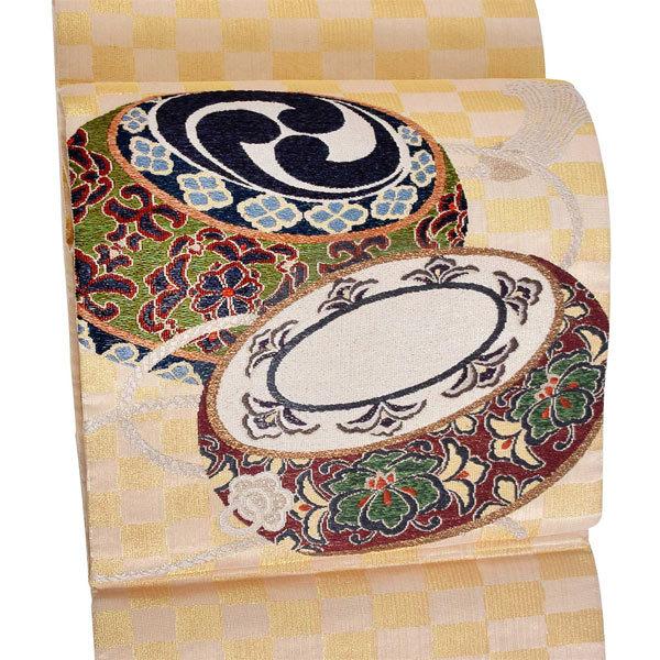 【新古品】「ゴールド　市松に太鼓」仕立て上がり 袋帯 お太鼓柄 礼装用【メール便不可】