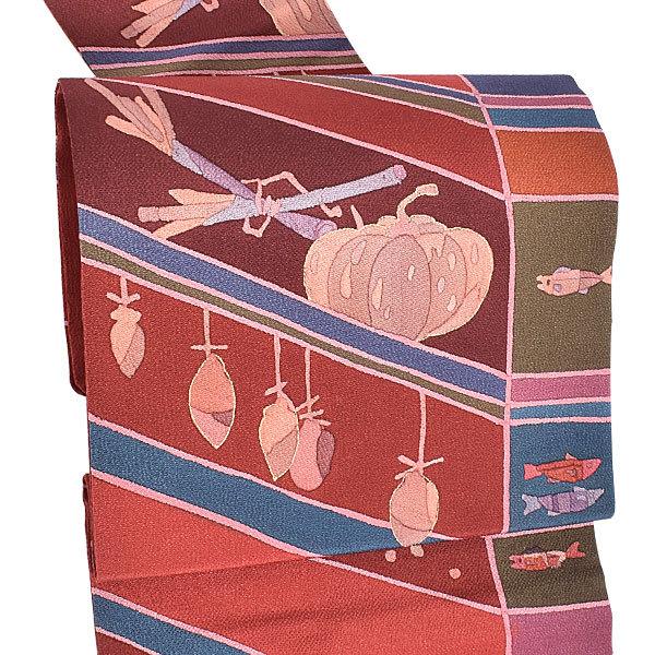 【新古品】「縮緬　赤茶色　秋の味覚」仕立て上がり 名古屋帯 九寸帯 全通柄【メール便不可】