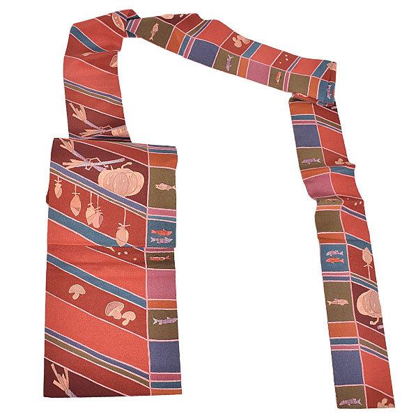 【新古品】「縮緬　赤茶色　秋の味覚」仕立て上がり 名古屋帯 九寸帯 全通柄【メール便不可】