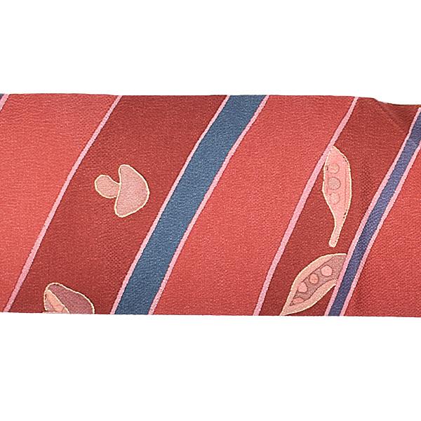 【新古品】「縮緬　赤茶色　秋の味覚」仕立て上がり 名古屋帯 九寸帯 全通柄【メール便不可】