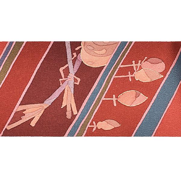 【新古品】「縮緬　赤茶色　秋の味覚」仕立て上がり 名古屋帯 九寸帯 全通柄【メール便不可】