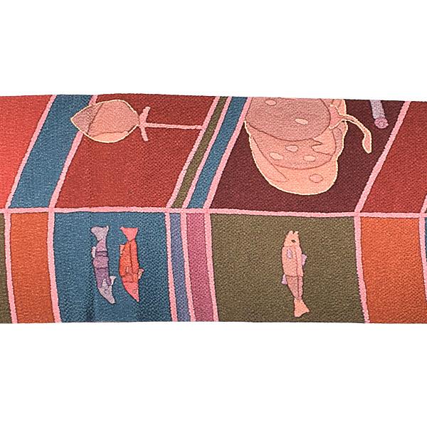 【新古品】「縮緬　赤茶色　秋の味覚」仕立て上がり 名古屋帯 九寸帯 全通柄【メール便不可】