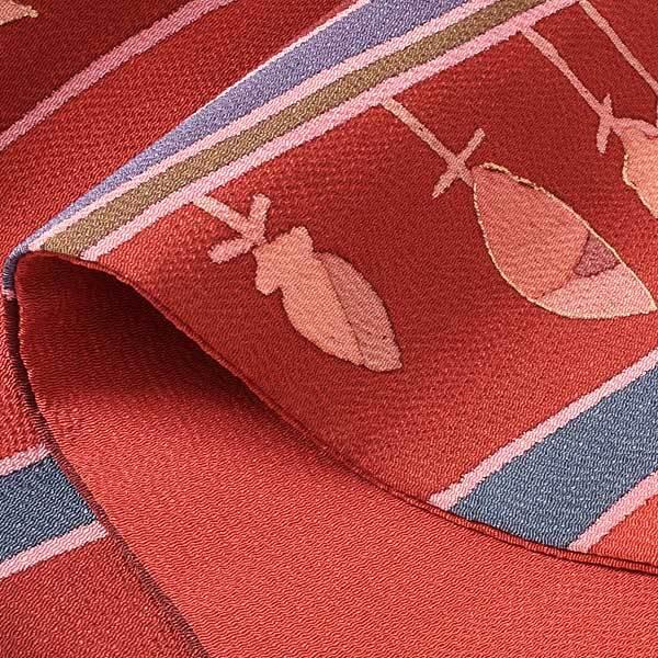 【新古品】「縮緬　赤茶色　秋の味覚」仕立て上がり 名古屋帯 九寸帯 全通柄【メール便不可】