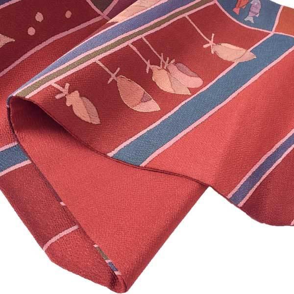 【新古品】「縮緬　赤茶色　秋の味覚」仕立て上がり 名古屋帯 九寸帯 全通柄【メール便不可】