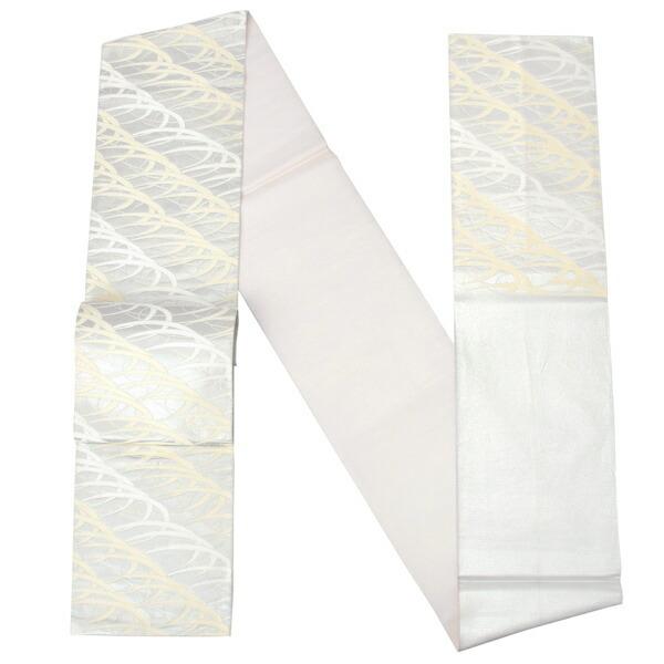 【中古品】仕立て上がり 袋帯 「銀　白×練色　旋風」 礼装 人間国宝 北村武資作【メール便不可】