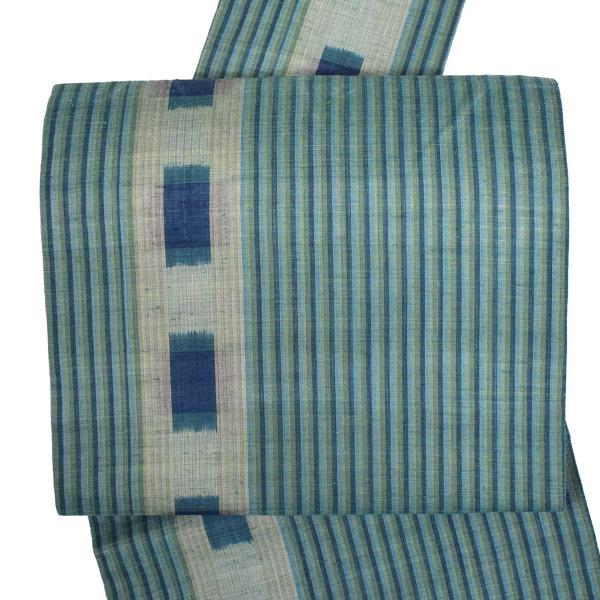 【中古品】仕立て上がり 九寸名古屋帯 「青緑 縞に十字絣」 上布 【メール便不可】ss2512ong20 中古品)仕立て上がり 九寸名古屋帯 「青緑 縞に十字絣」 上布 (メール